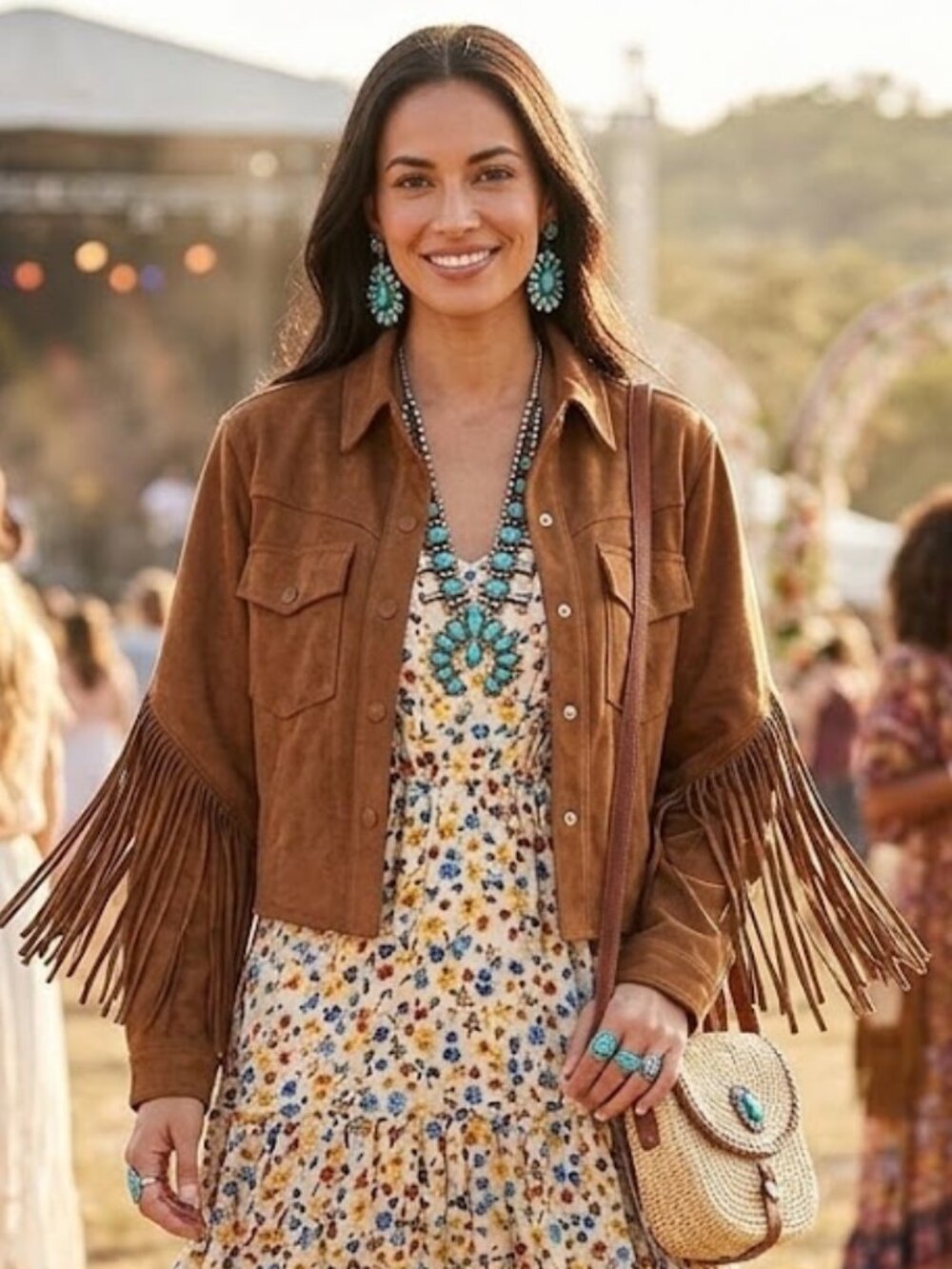 BLANK NYC Faux Suede Fringe Jacket Cognac Brown Western Cropped Trucker Coat